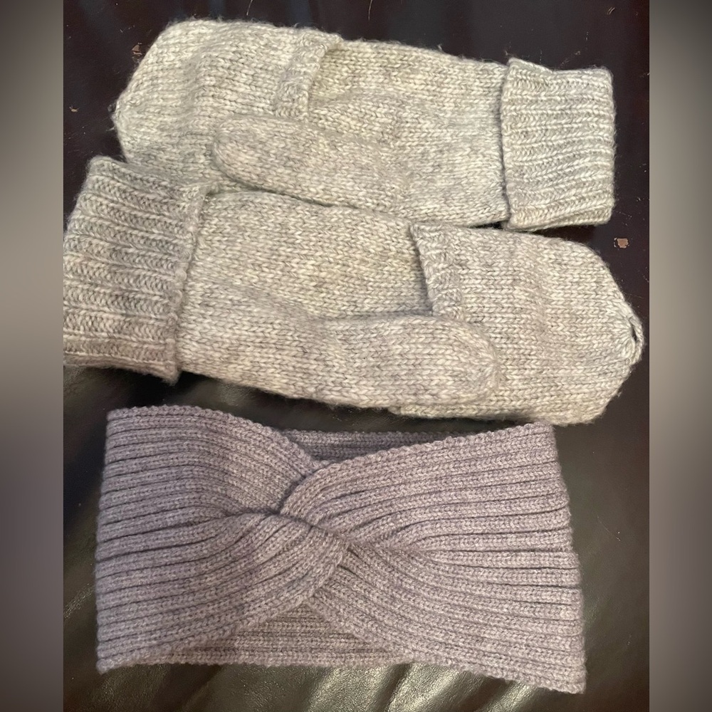 Cozy Gray Knit Gloves/Mittens and Headband Set